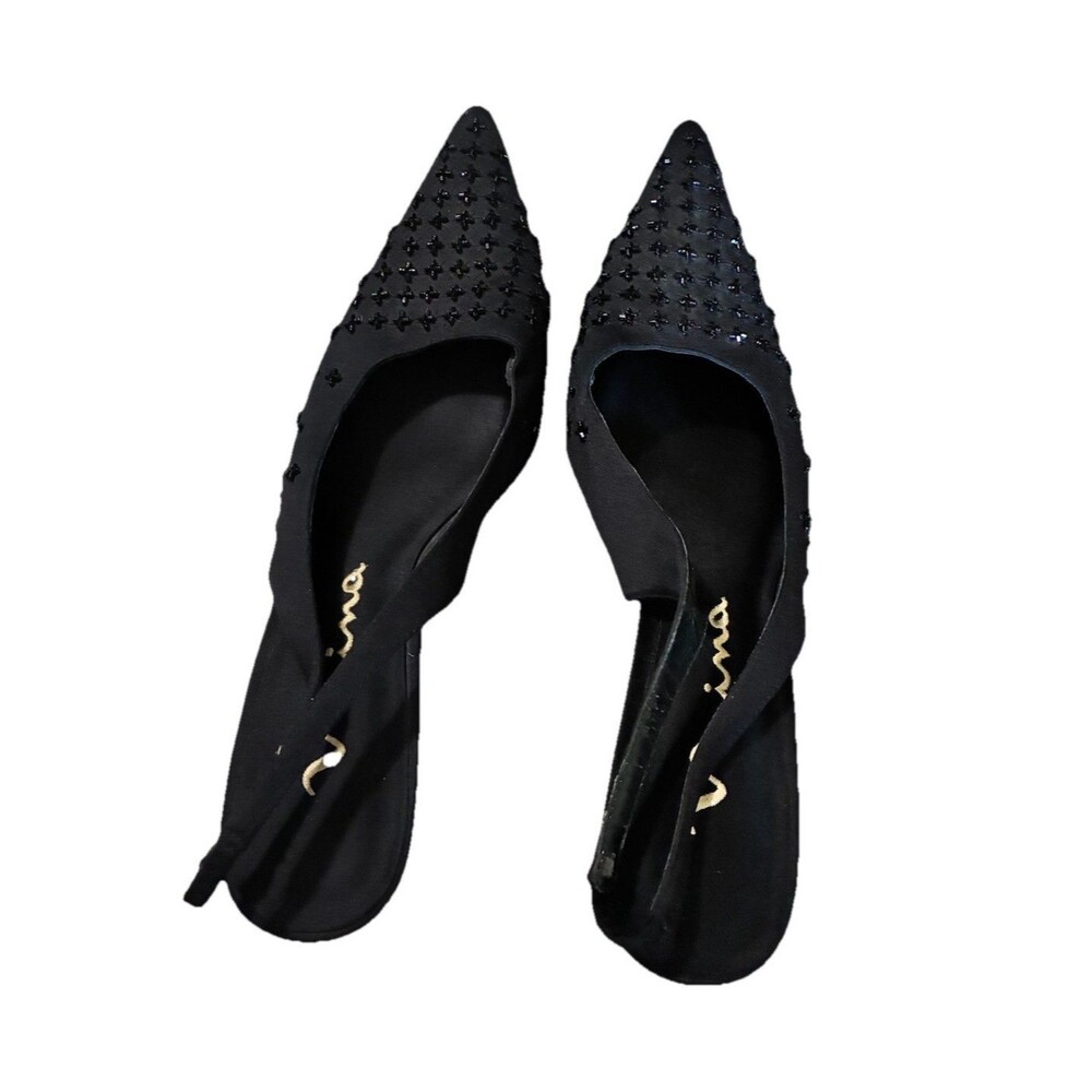 Nina Women’s Black Pointed Toe Slingback Stiletto Heels Leather Beaded 8.5M READ